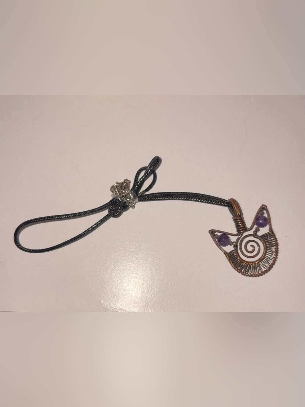 Handmade Wire Cat Necklace With Amethyst Beads